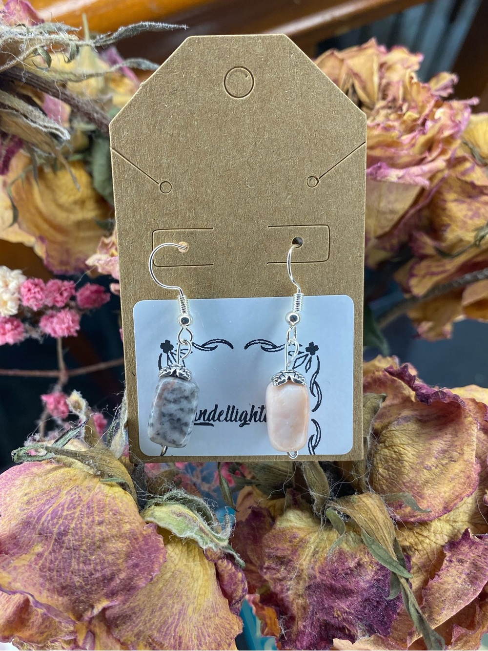 Handmade Dangle Earrings with Gray and Peach Stone Beads